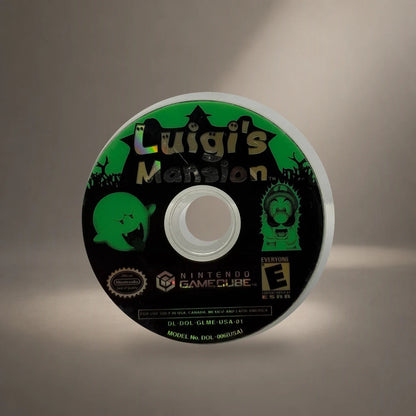 Representative Luigi's Mansion loose usa game disc in a soft neutral gallery spotlight, not the specific RGM unit