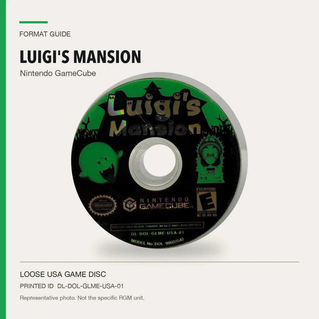 Representative Luigi's Mansion loose usa game disc in a factual format guide, not the specific RGM unit