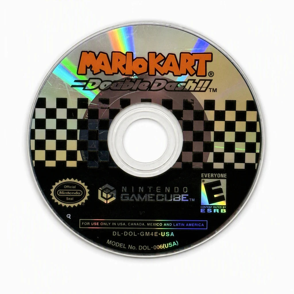 Representative Mario Kart Double Dash Nintendo GameCube game disc on a neutral white background