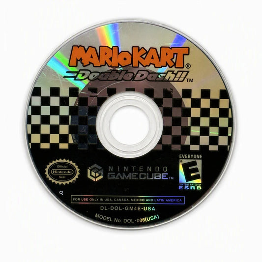 Representative Mario Kart Double Dash Nintendo GameCube game disc on a neutral white background