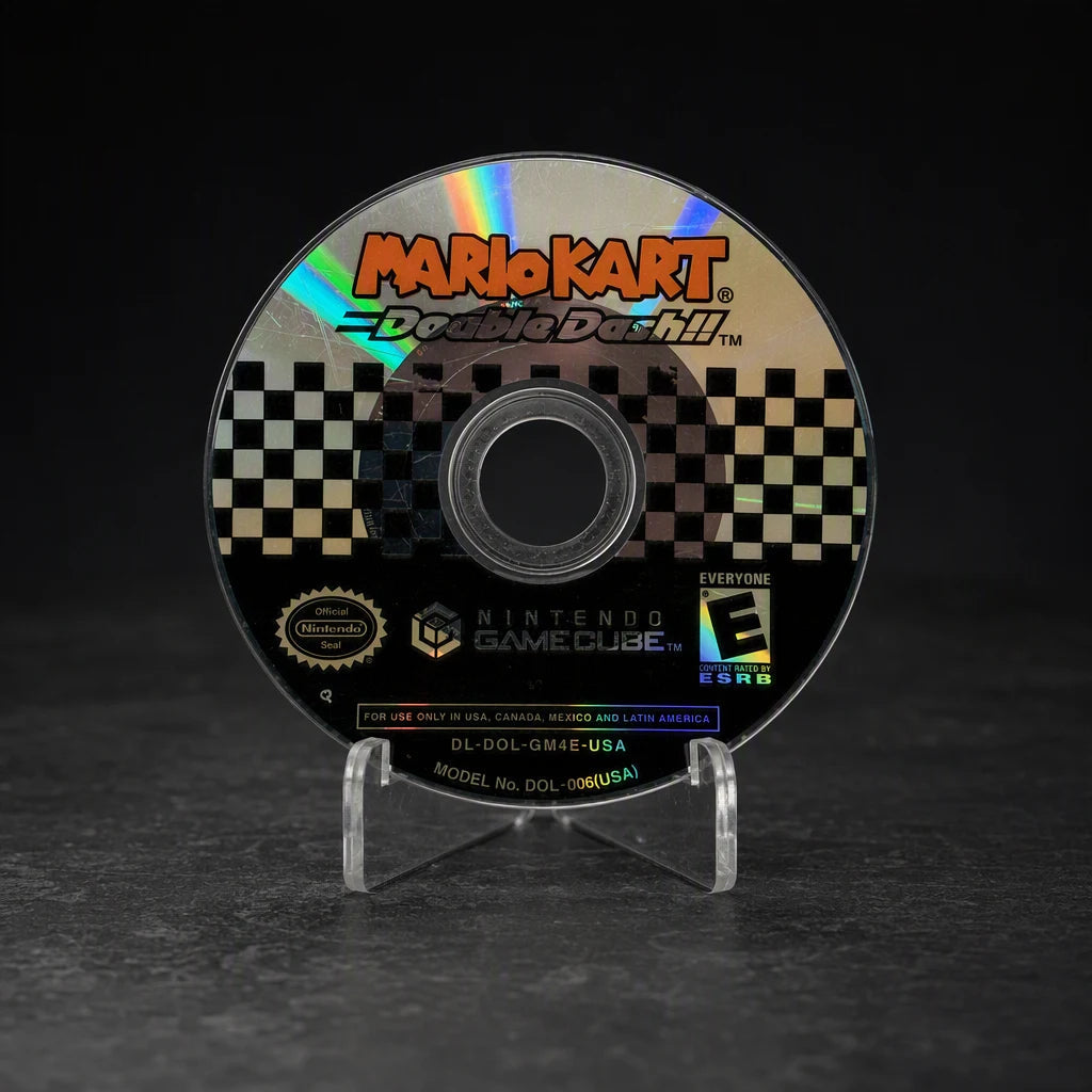 Representative Mario Kart Double Dash Nintendo GameCube game disc in a charcoal collector studio