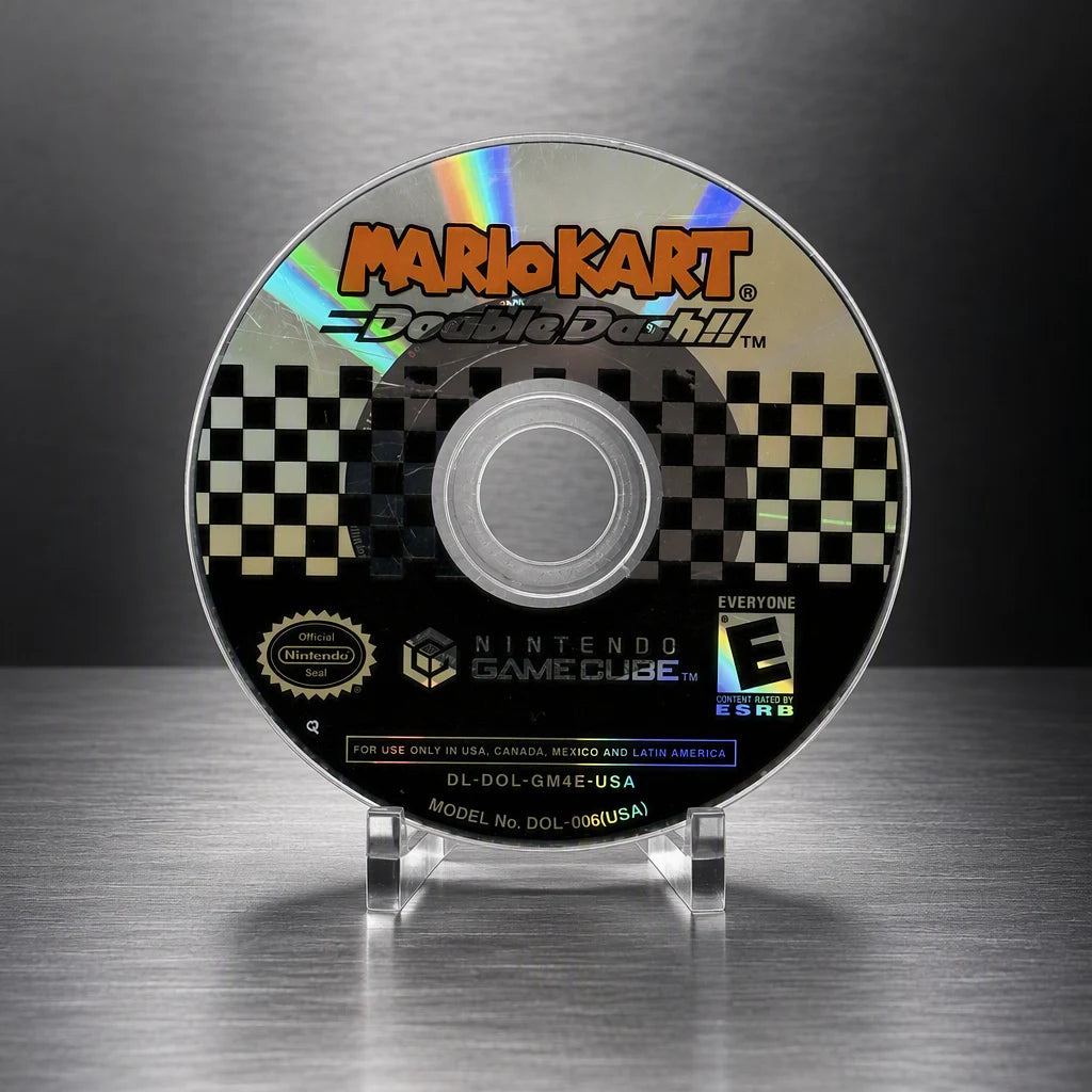 Representative Mario Kart Double Dash Nintendo GameCube game disc on a metal display plinth
