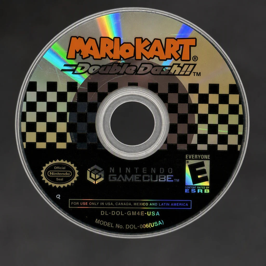Representative close detail of the Mario Kart Double Dash Nintendo GameCube game disc label