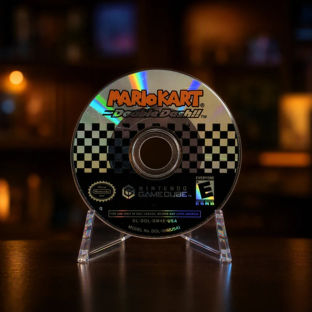 Representative Mario Kart Double Dash Nintendo GameCube game disc in a night ambient room setting