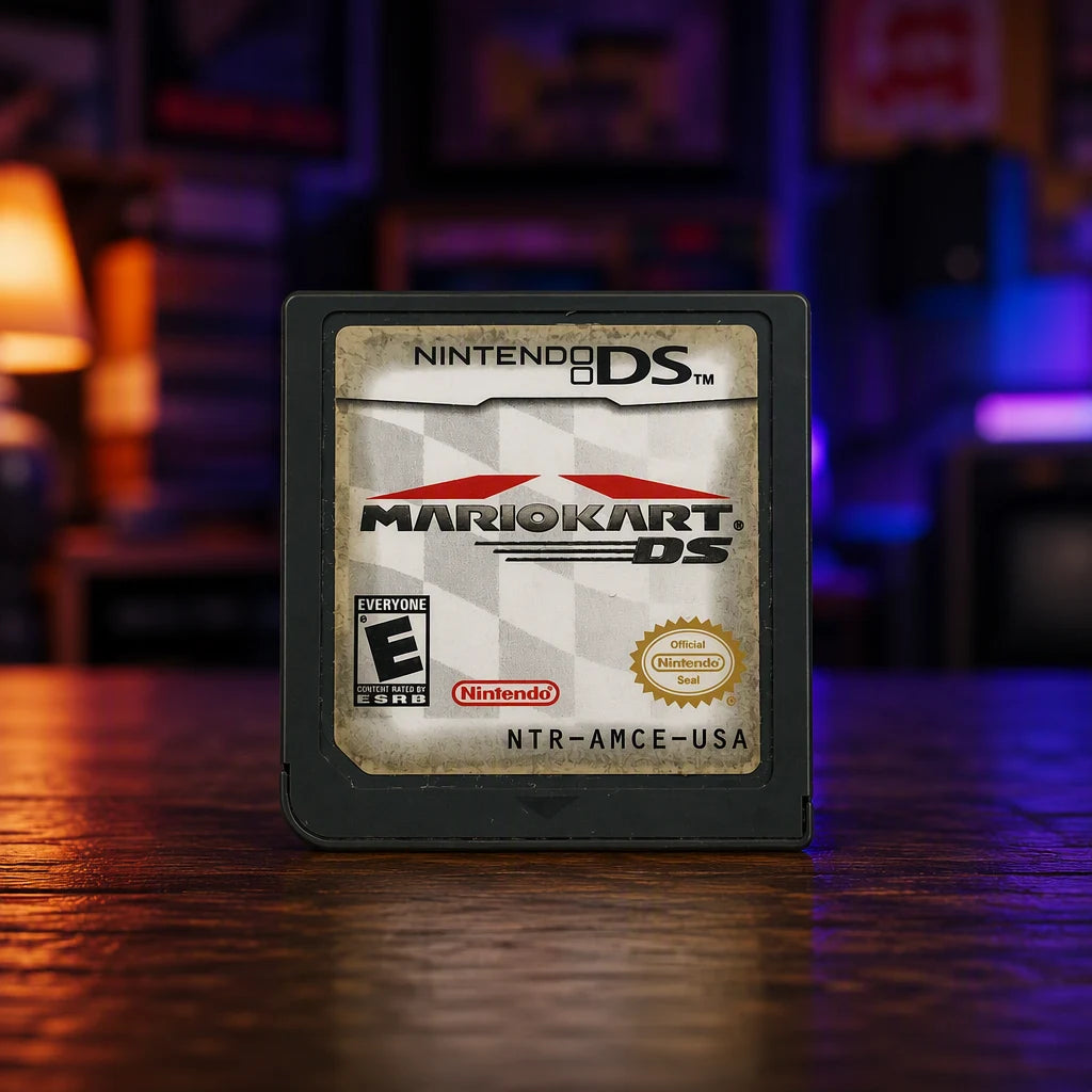 Representative Mario Kart DS for Nintendo DS in a softly lit retro room