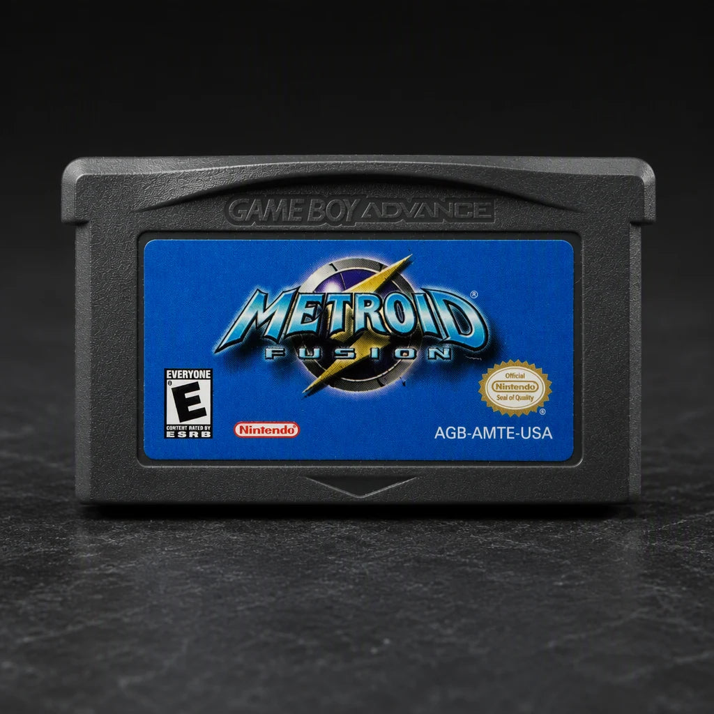 Representative Metroid Fusion for Game Boy Advance in a dark collector studio
