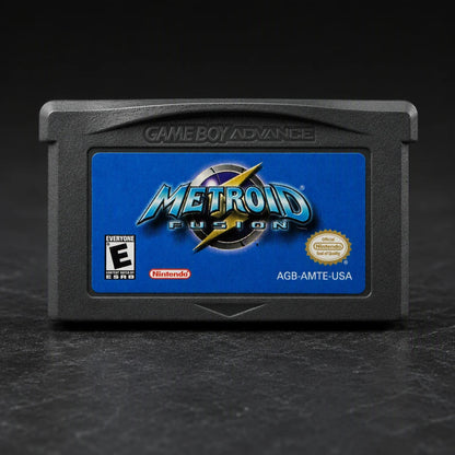 Representative Metroid Fusion for Game Boy Advance in a dark collector studio