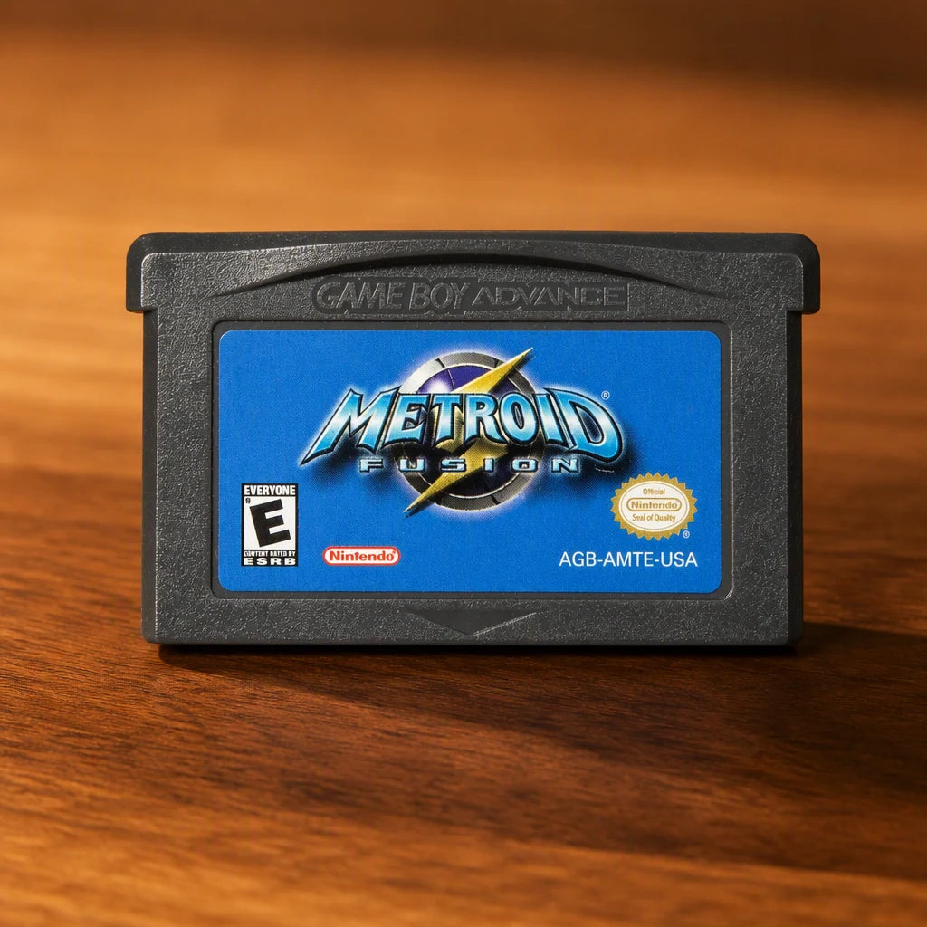 Representative Metroid Fusion for Game Boy Advance on a walnut tabletop