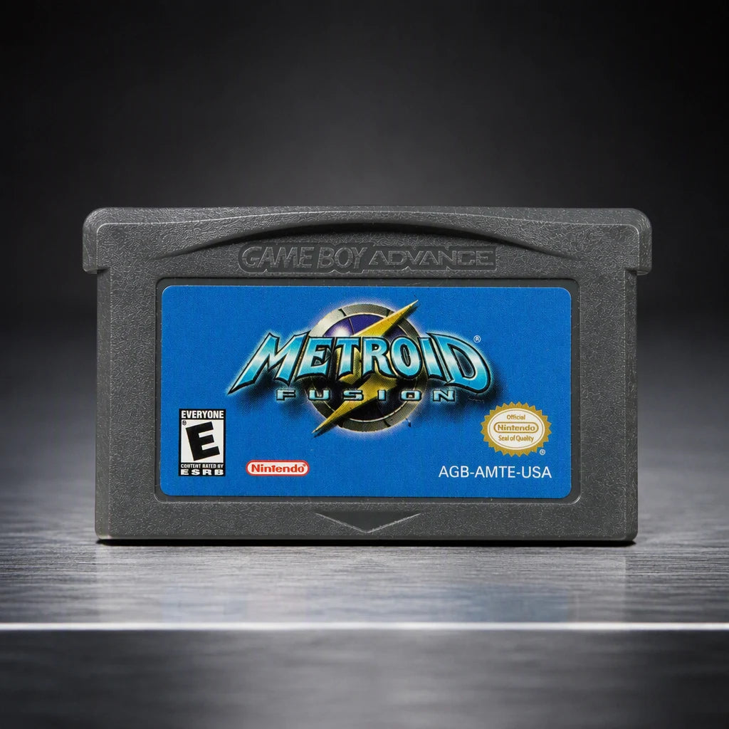 Representative Metroid Fusion for Game Boy Advance on a metal display plinth