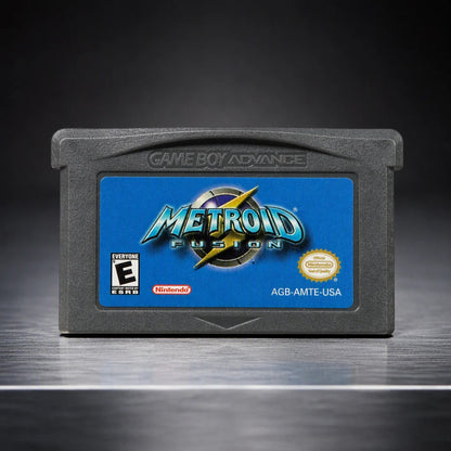 Representative Metroid Fusion for Game Boy Advance on a metal display plinth