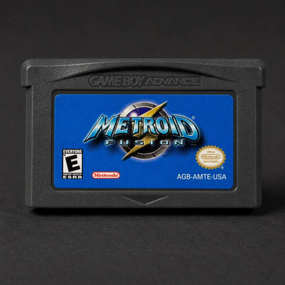 Representative Metroid Fusion for Game Boy Advance with a close view of the printed label