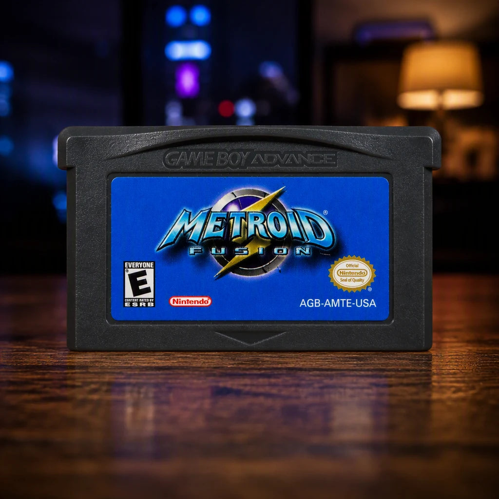 Representative Metroid Fusion for Game Boy Advance in a softly lit retro room