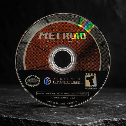 Representative Metroid Prime for GameCube in a dark collector studio