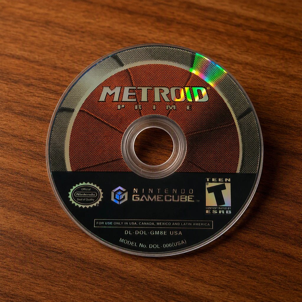 Representative Metroid Prime for GameCube on a walnut tabletop