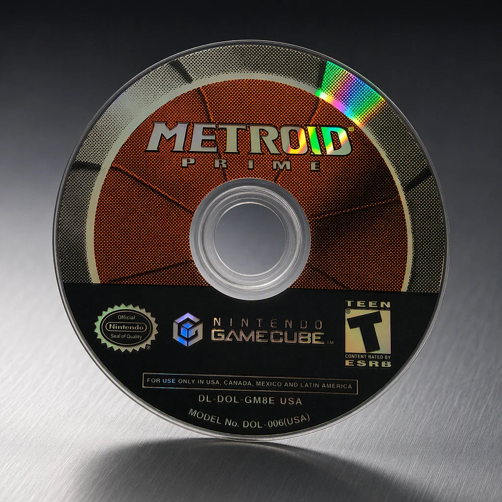 Representative Metroid Prime for GameCube on a metal display plinth