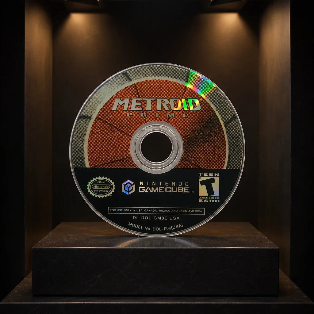 Representative Metroid Prime for GameCube in a gallery display