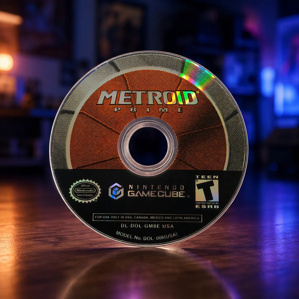 Representative Metroid Prime for GameCube in a softly lit retro room