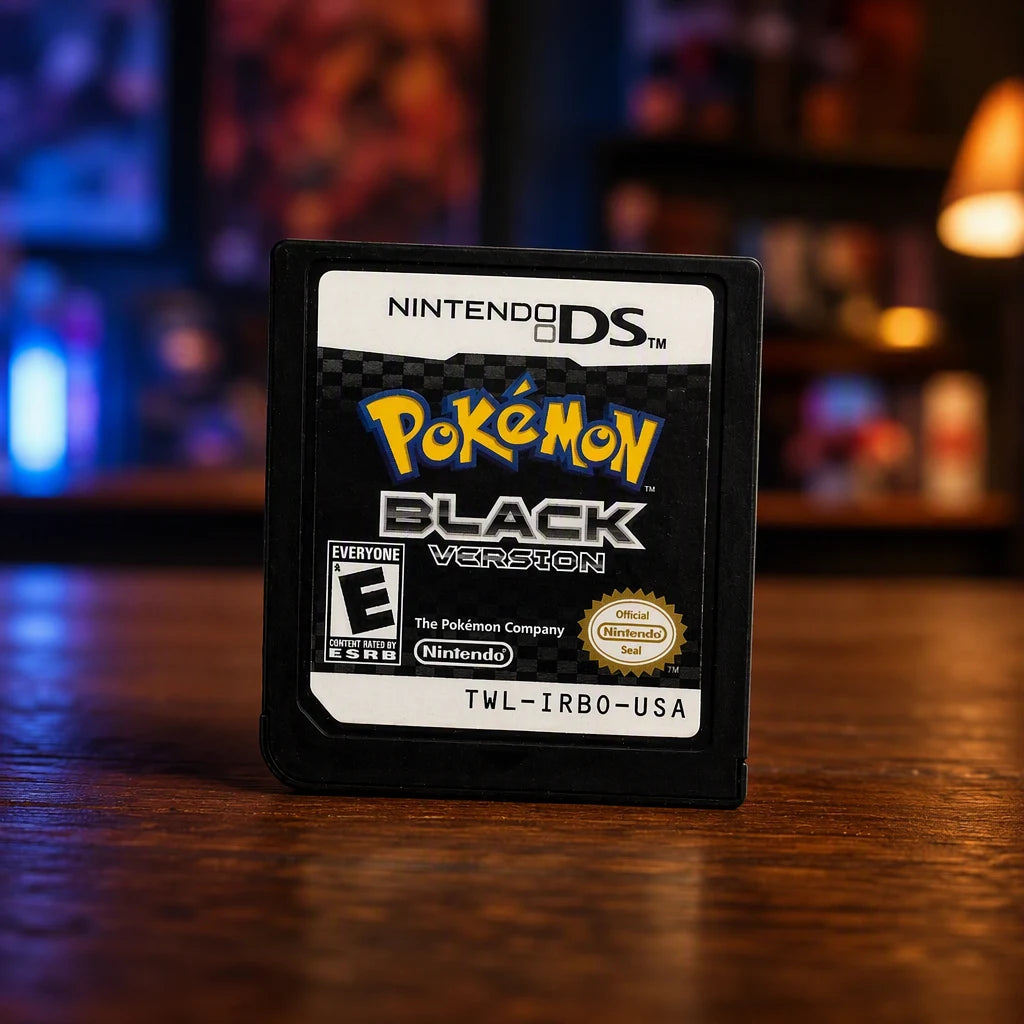 Representative Pokémon Black Version for Nintendo DS in a softly lit retro room