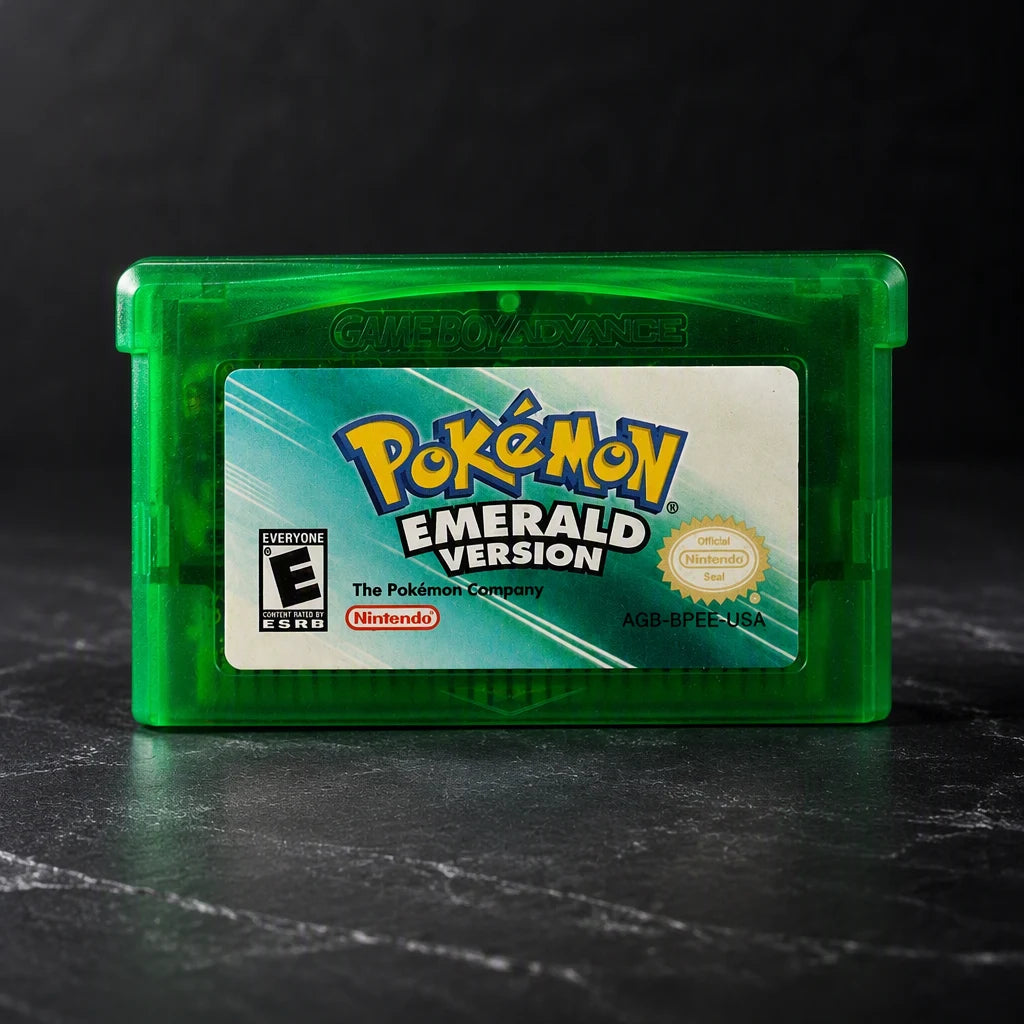 Representative Pokémon Emerald Version for Game Boy Advance in a dark collector studio
