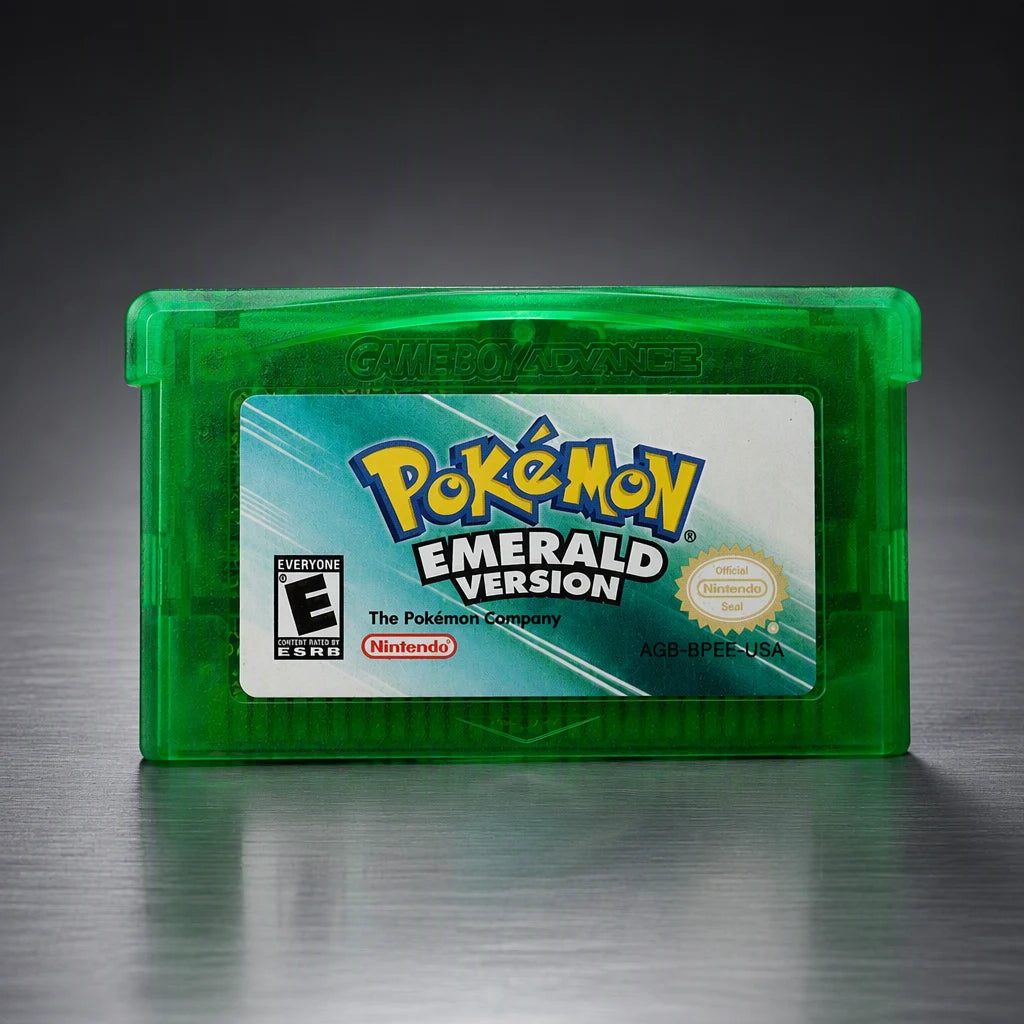 Representative Pokémon Emerald Version for Game Boy Advance on a metal display plinth