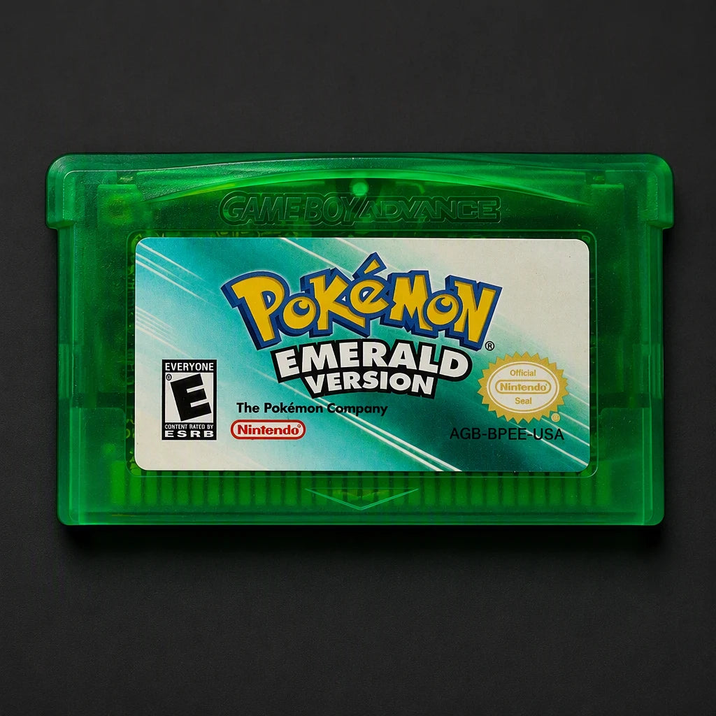 Representative Pokémon Emerald Version for Game Boy Advance with a close view of the printed label