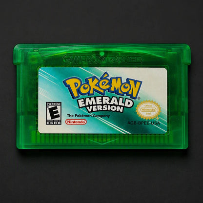 Representative Pokémon Emerald Version for Game Boy Advance with a close view of the printed label