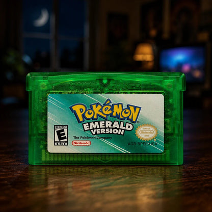 Representative Pokémon Emerald Version for Game Boy Advance in a softly lit retro room
