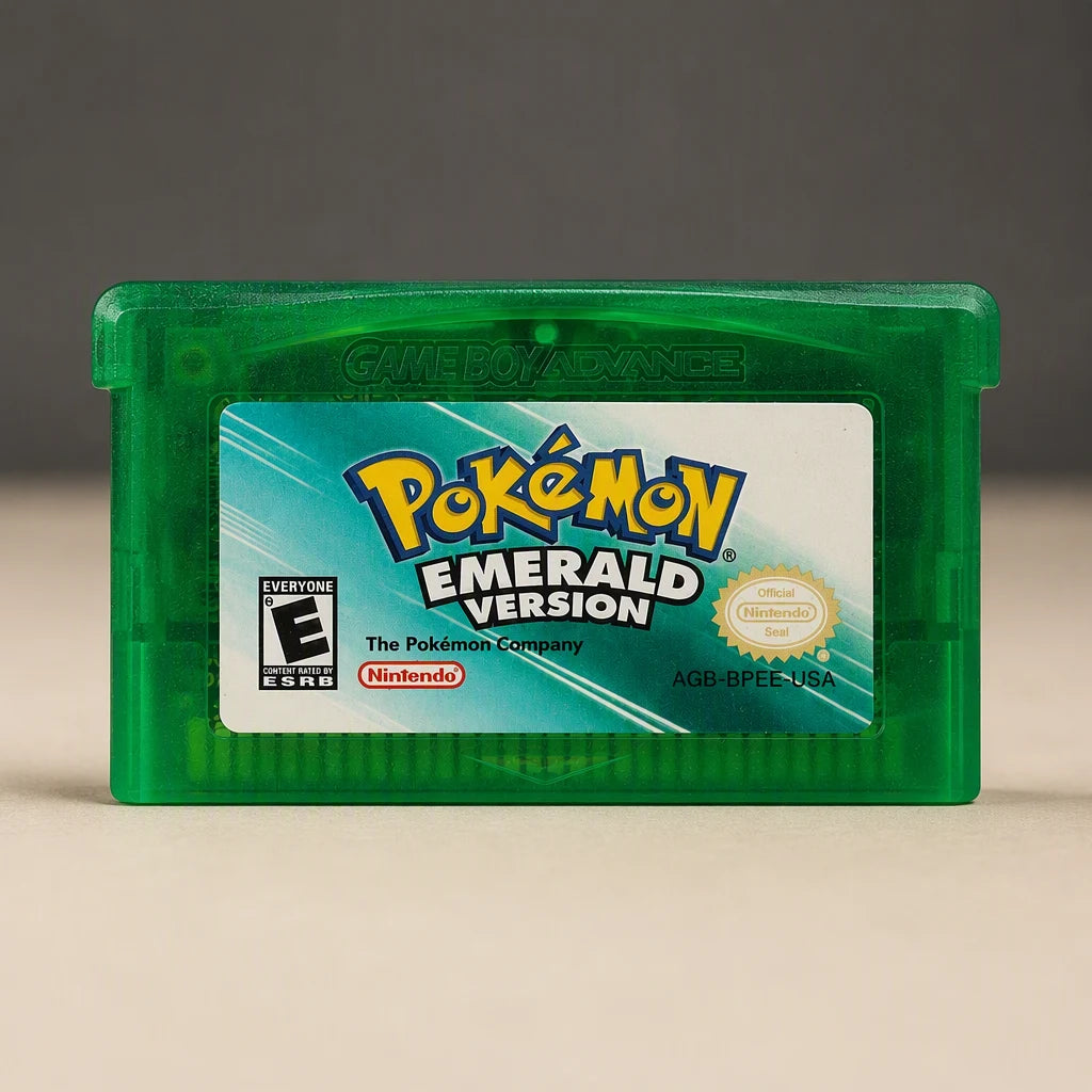 Representative Pokémon Emerald Version for Game Boy Advance with the physical game format identified