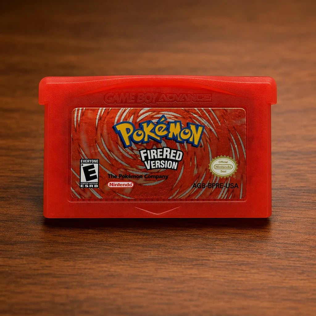 Representative Pokémon FireRed Version for Game Boy Advance on a walnut tabletop