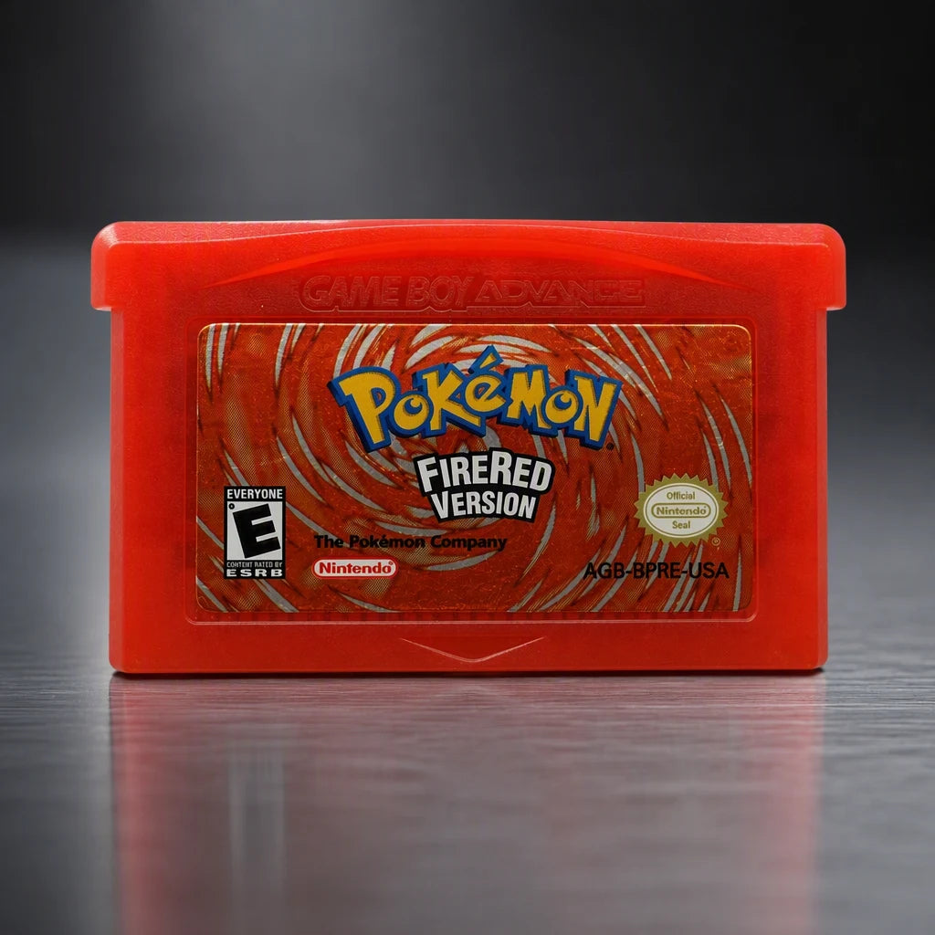 Representative Pokémon FireRed Version for Game Boy Advance on a metal display plinth