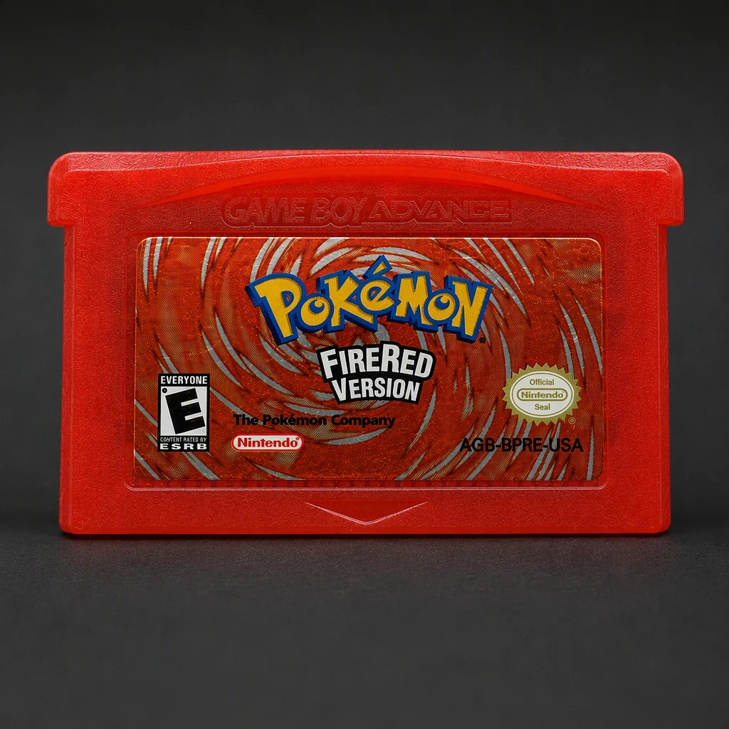 Representative Pokémon FireRed Version for Game Boy Advance with a close view of the printed label