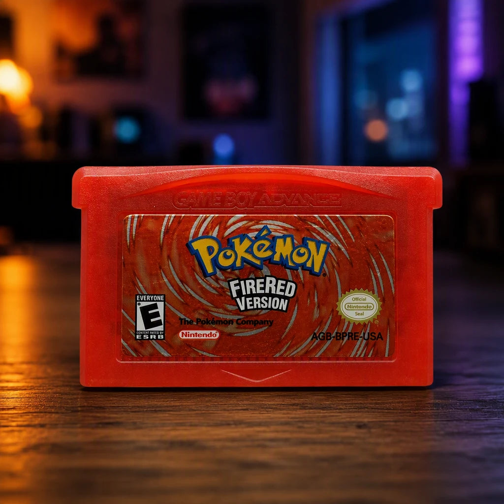 Representative Pokémon FireRed Version for Game Boy Advance in a softly lit retro room