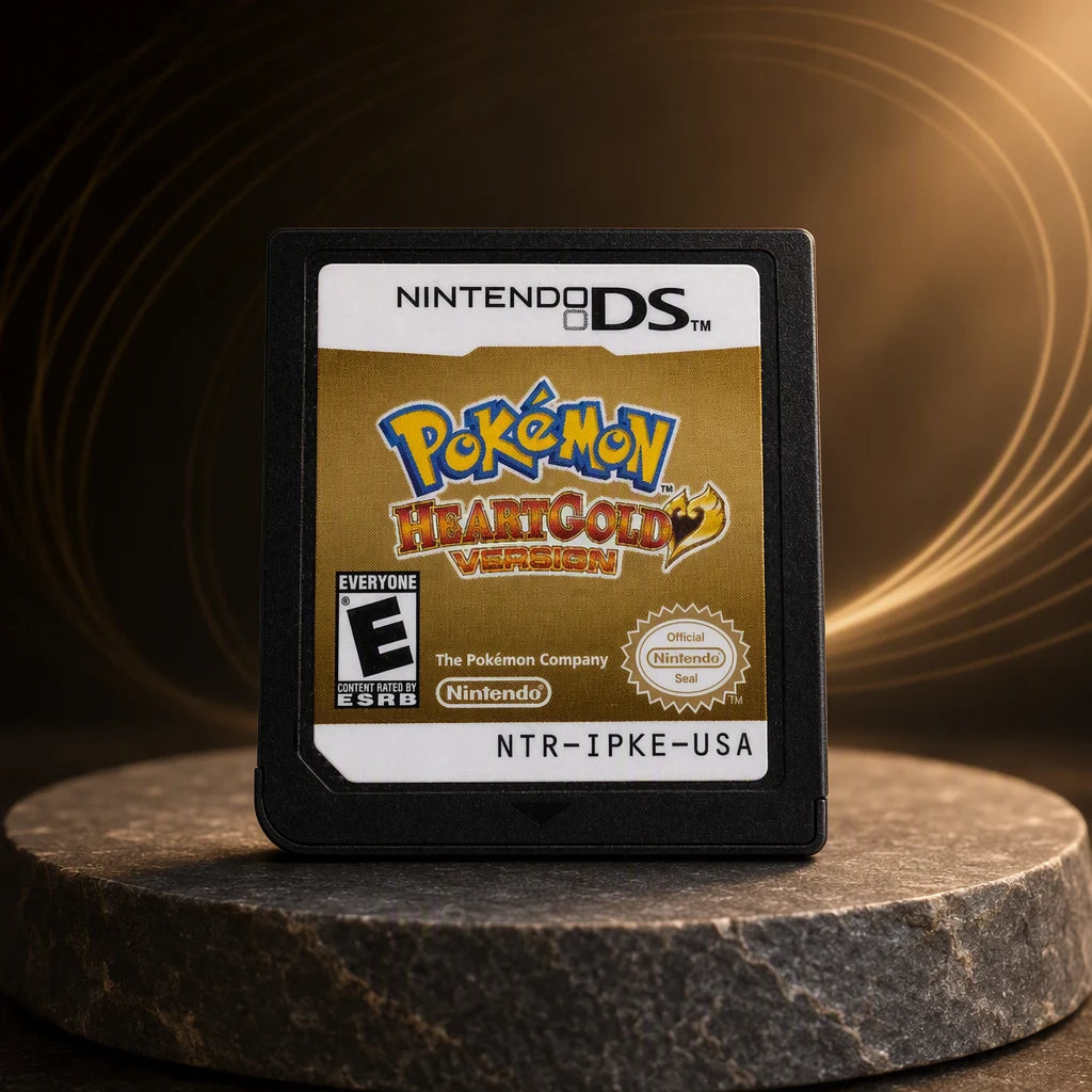 Representative Pokemon HeartGold Version one loose black North American Nintendo DS cartridge in a dark collector studio with sculpted side light, not the specific RGM unit