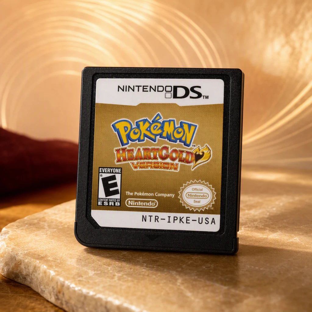 Representative Pokemon HeartGold Version one loose black North American Nintendo DS cartridge on a warm editorial tabletop with shallow depth of field, not the specific RGM unit