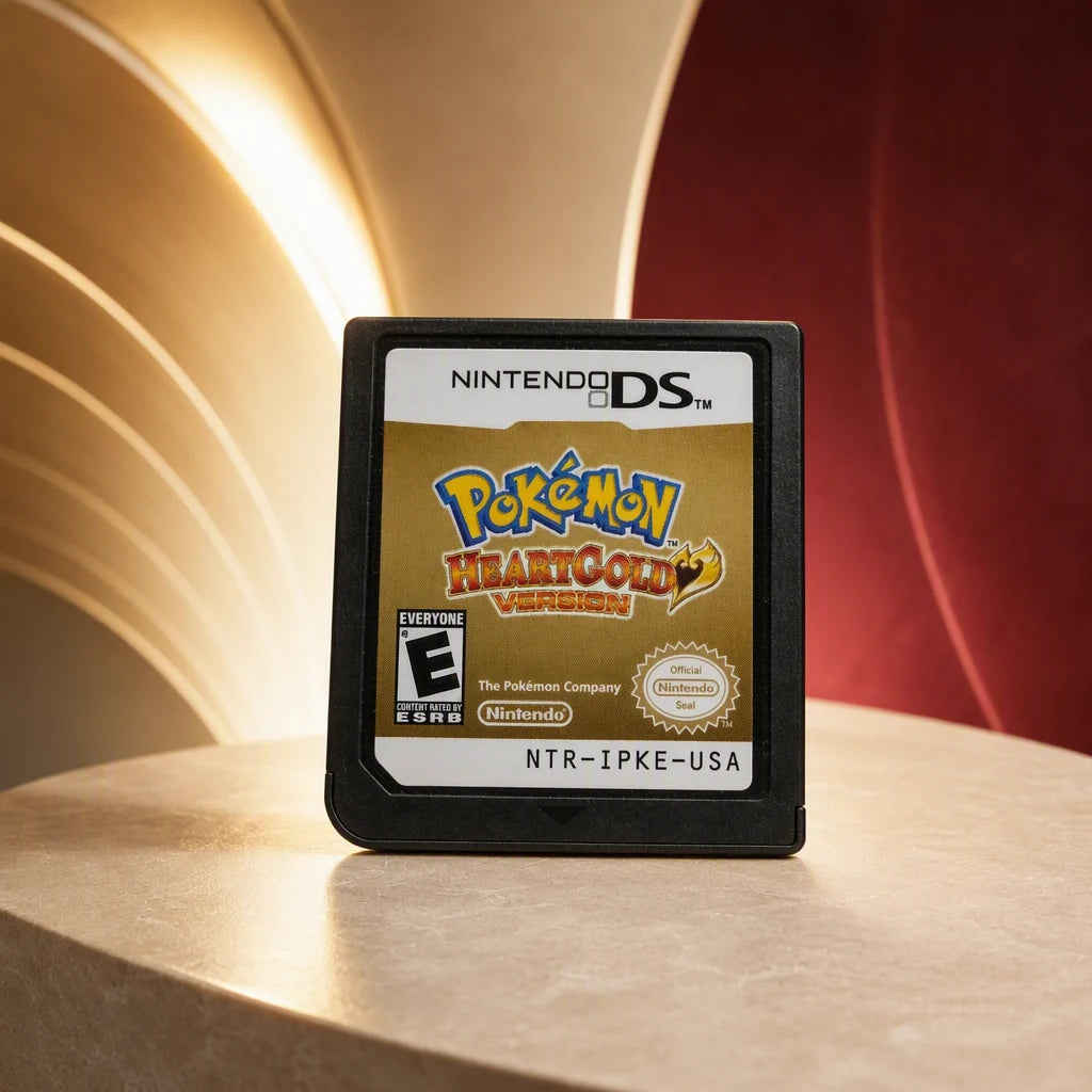 Representative Pokemon HeartGold Version one loose black North American Nintendo DS cartridge in a bold architectural color set, not the specific RGM unit
