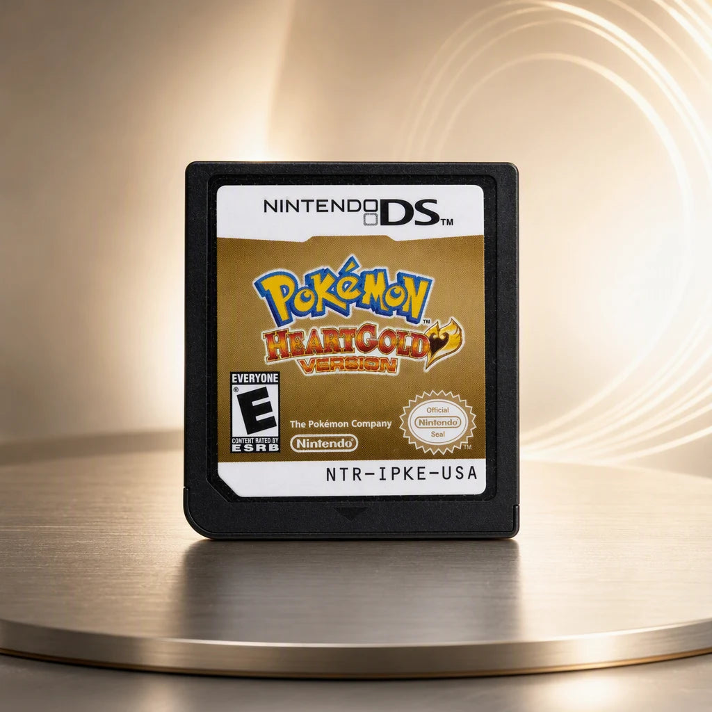 Representative Pokemon HeartGold Version one loose black North American Nintendo DS cartridge on a brushed-metal gallery pedestal, not the specific RGM unit