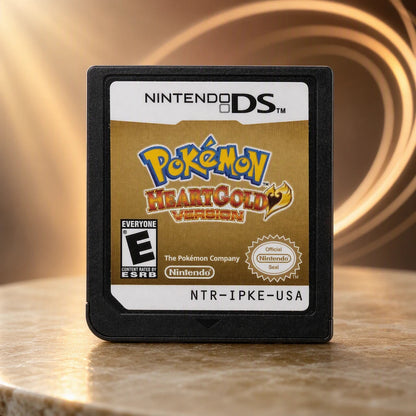 Representative Pokemon HeartGold Version one loose black North American Nintendo DS cartridge in a close macro view of the authentic printed identity, not the specific RGM unit