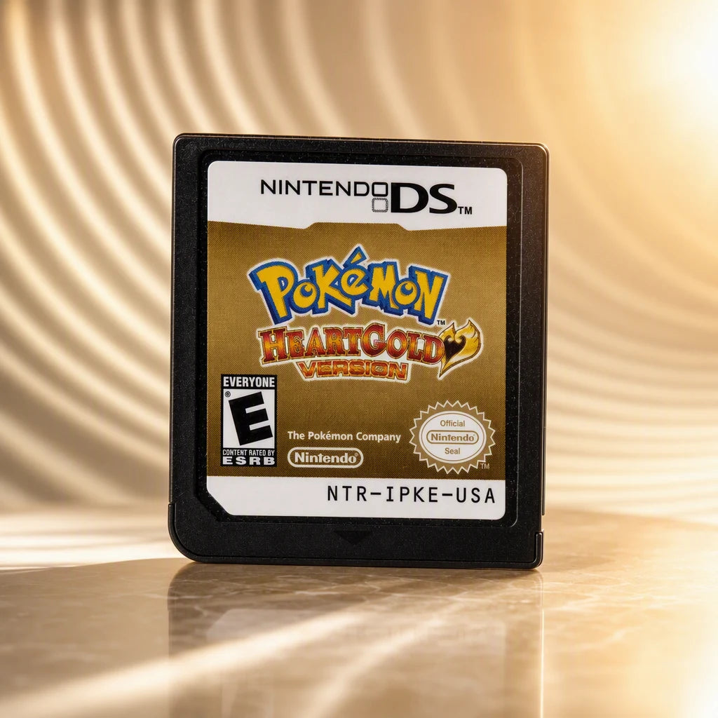 Representative Pokemon HeartGold Version one loose black North American Nintendo DS cartridge under a shaped studio light pattern, not the specific RGM unit