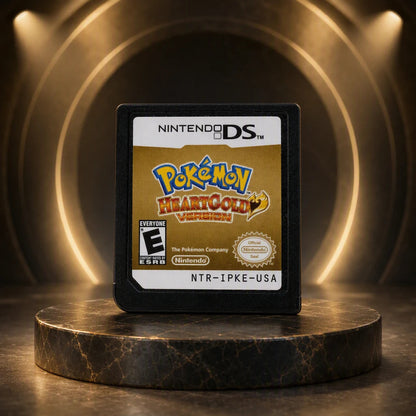 Representative Pokemon HeartGold Version one loose black North American Nintendo DS cartridge displayed alone in a dark museum alcove, not the specific RGM unit