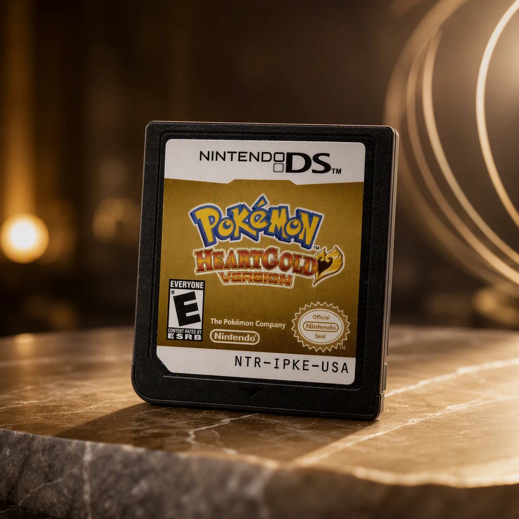 Representative Pokemon HeartGold Version one loose black North American Nintendo DS cartridge in a cinematic night interior with soft background lights, not the specific RGM unit