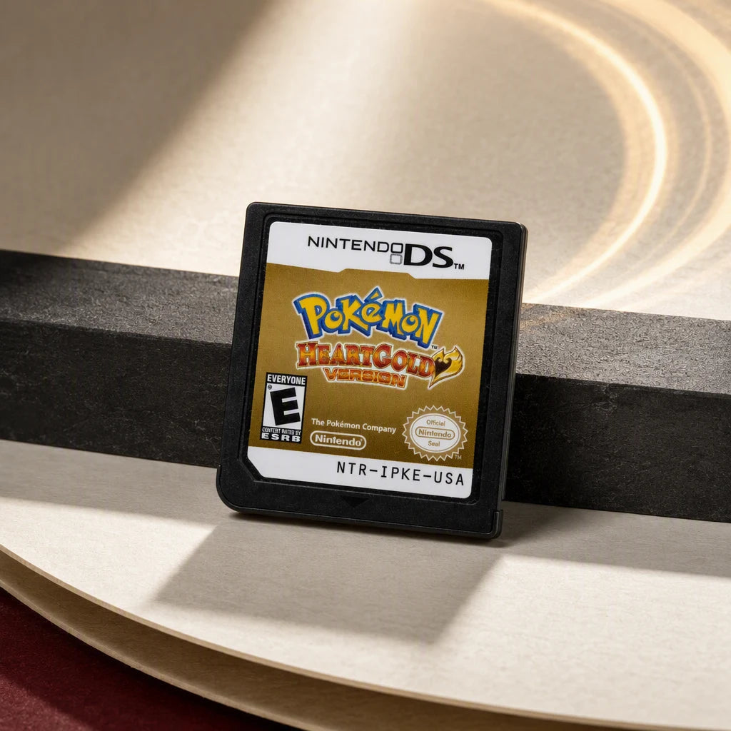 Representative Pokemon HeartGold Version one loose black North American Nintendo DS cartridge in a cream and charcoal editorial composition, not the specific RGM unit