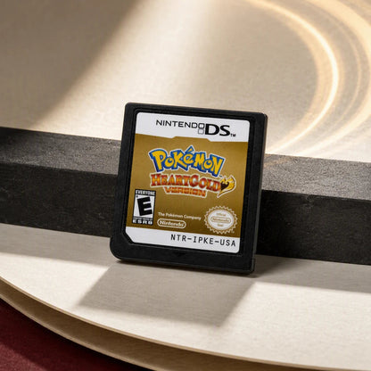 Representative Pokemon HeartGold Version one loose black North American Nintendo DS cartridge in a cream and charcoal editorial composition, not the specific RGM unit