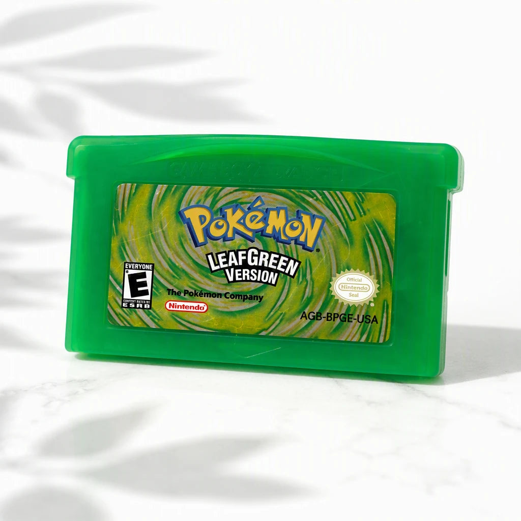 Representative Pokemon LeafGreen Version one loose translucent-green North American Game Boy Advance cartridge on a clean white catalog background, not the specific RGM unit