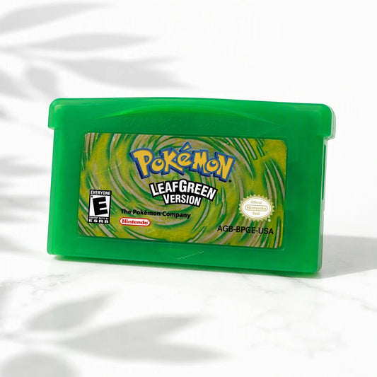 Representative Pokemon LeafGreen Version one loose translucent-green North American Game Boy Advance cartridge on a clean white catalog background, not the specific RGM unit
