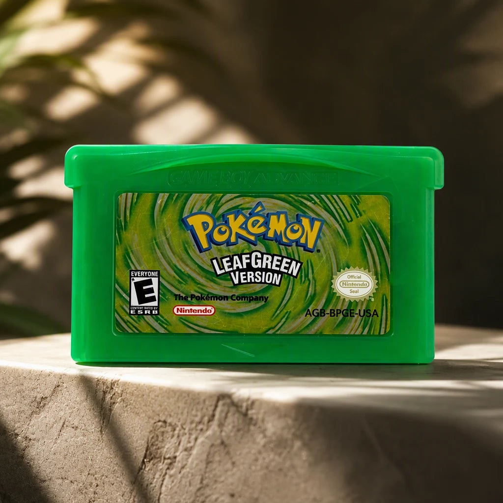 Representative Pokemon LeafGreen Version one loose translucent-green North American Game Boy Advance cartridge in a dark collector studio with sculpted side light, not the specific RGM unit