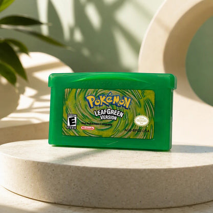 Representative Pokemon LeafGreen Version one loose translucent-green North American Game Boy Advance cartridge in a bold architectural color set, not the specific RGM unit