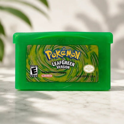 Representative Pokemon LeafGreen Version one loose translucent-green North American Game Boy Advance cartridge in a close macro view of the authentic printed identity, not the specific RGM unit