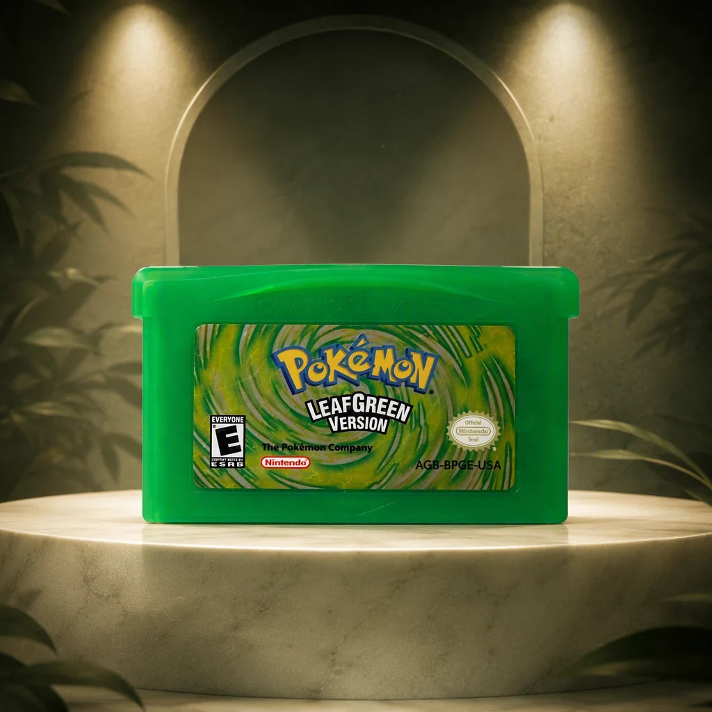 Representative Pokemon LeafGreen Version one loose translucent-green North American Game Boy Advance cartridge displayed alone in a dark museum alcove, not the specific RGM unit