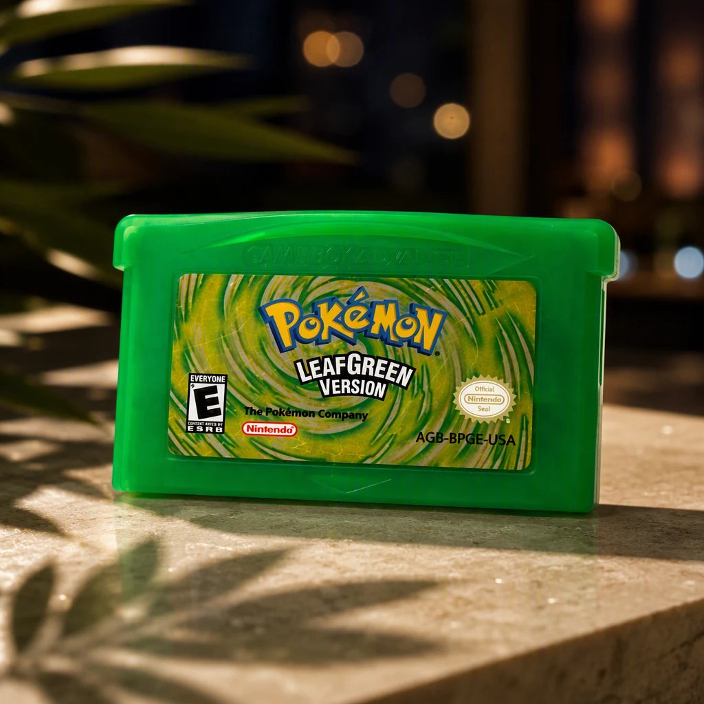 Representative Pokemon LeafGreen Version one loose translucent-green North American Game Boy Advance cartridge in a cinematic night interior with soft background lights, not the specific RGM unit