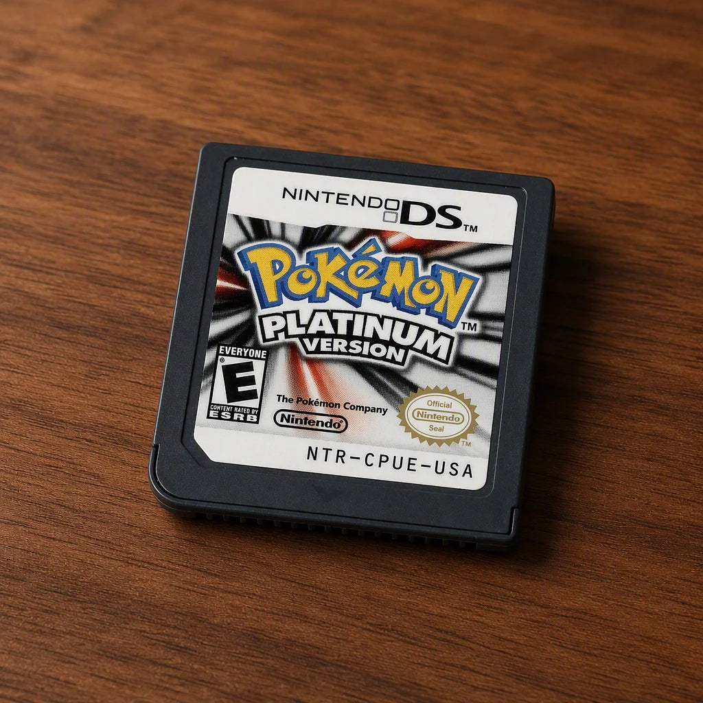 Representative Pokémon Platinum Version for Nintendo DS on a walnut tabletop